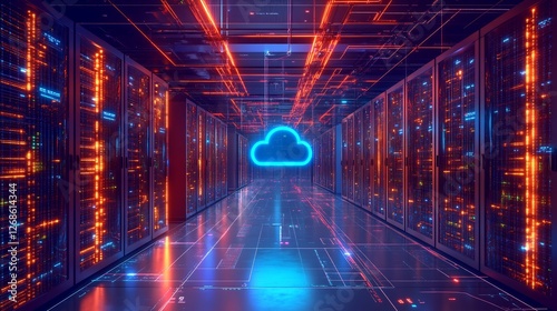 Vibrant neon lights illuminate futuristic server room showcasing cloud computing power. AI Generated