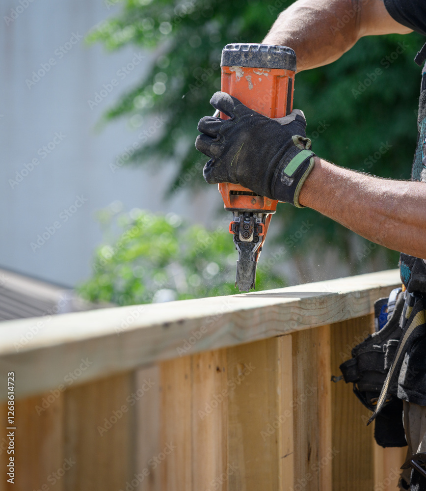 Hands of a professionally equipped builder working on fence using a nail gun construction tool.