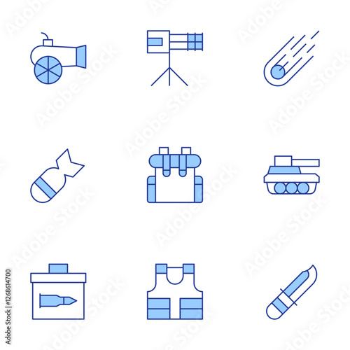 War icons set. Line Duotone style, editable stroke. ammunition, backpack, bomb, bulletproof vest, canon, knife, machine gun, meteorite, tank