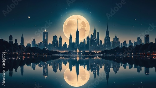 the moon is setting on the water with lights from buildings in the background, and buildings reflected
