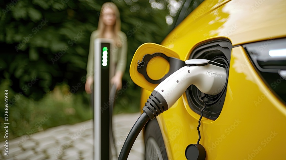 A woman stands near a yellow electric car, plugged into a charging station, symbolizing sustainable energy and modern transportation. A woman stands near a yellow electric car, plugged into a charging station, symbolizing sustainable energy and modern transportation.