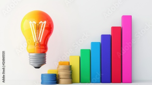Colorful growth chart with coins and a light bulb symbolizing bright ideas for financial success.