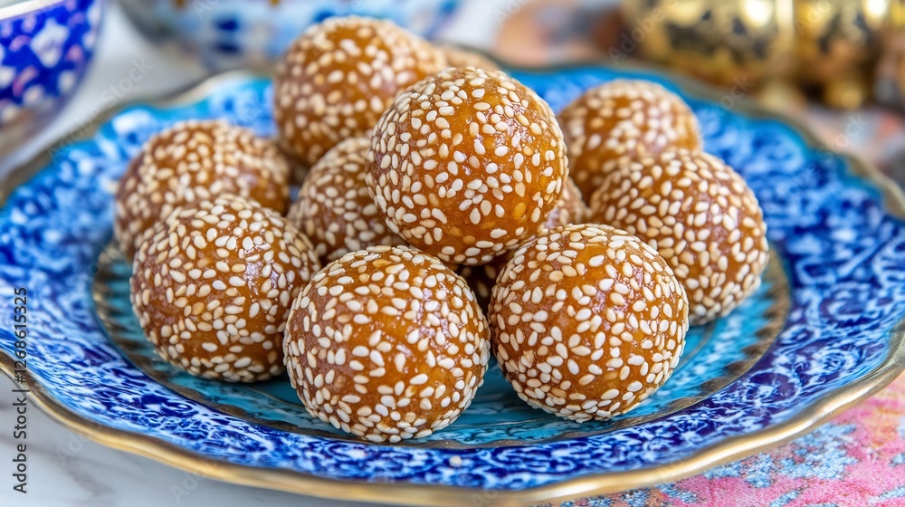 Golden sesame balls rest invitingly on a blue ornate plate bathed in warm light.. AI Generated Golden sesame balls rest invitingly on a blue ornate plate bathed in warm light.. AI Generated
