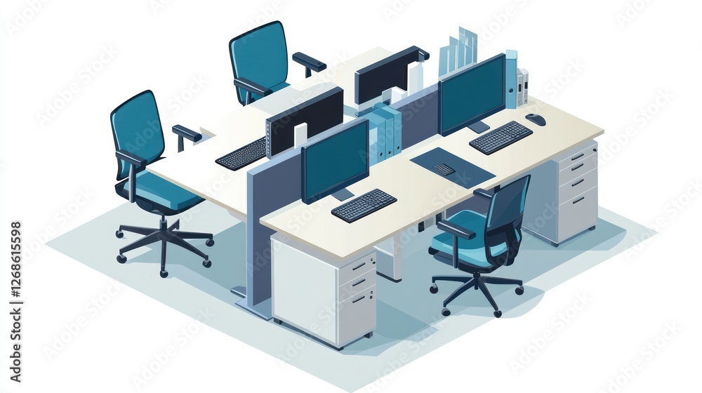 Modern office teamwork, four desks, computers, productivity Modern office teamwork, four desks, computers, productivity