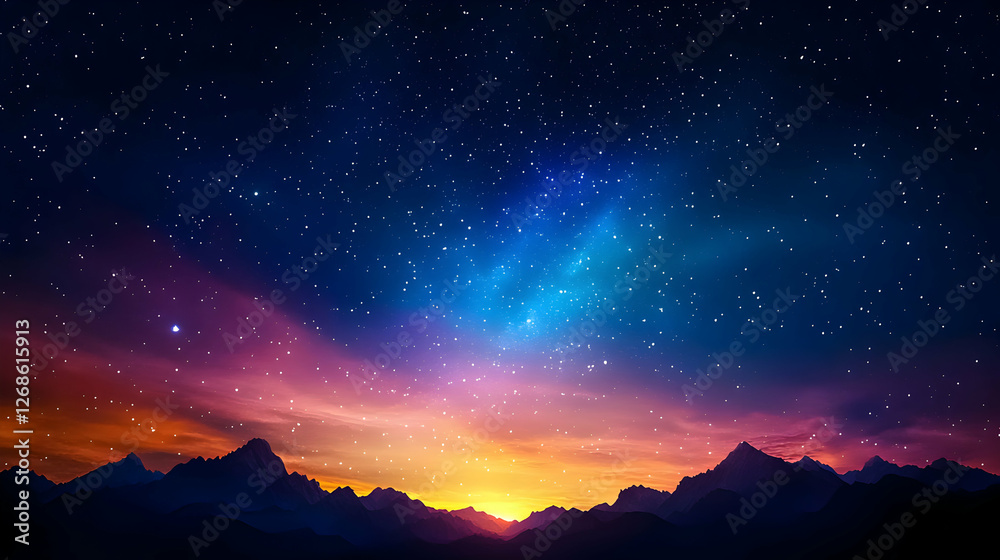 Fototapeta premium Vibrant Sunset and Starry Night Sky Over Silhouetted Mountains