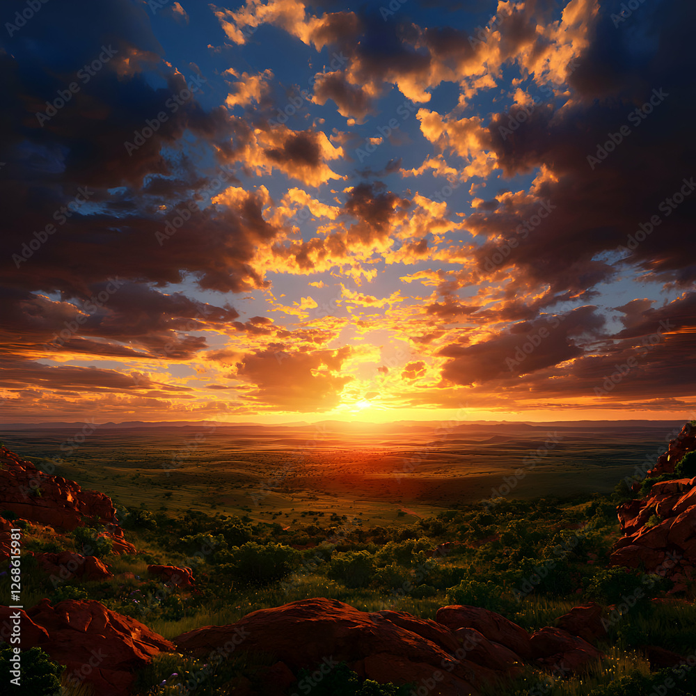 Fototapeta premium Vibrant Sunset Landscape Over Green Fields