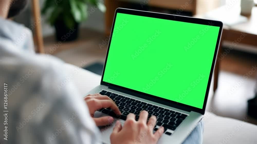 Person Working on Laptop with Green Screen Display
