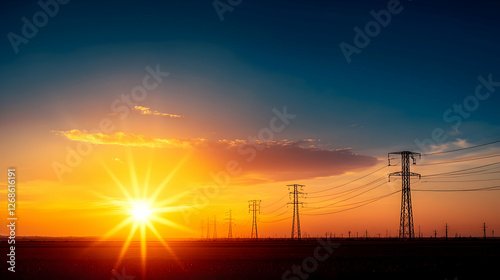 Vibrant Sunset Landscape with Silhouetted Power Lines and Birds