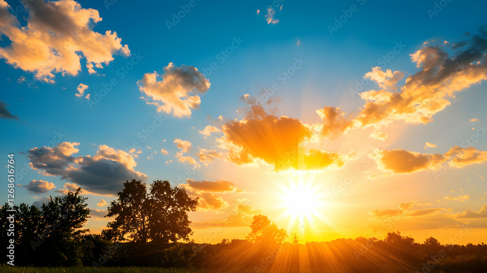 Fototapeta premium Vibrant Sunset Over a Field with Silhouetted Trees