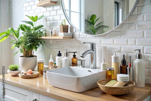 Modern bathroom sink with skincare products, plants, and bright sunlight photo