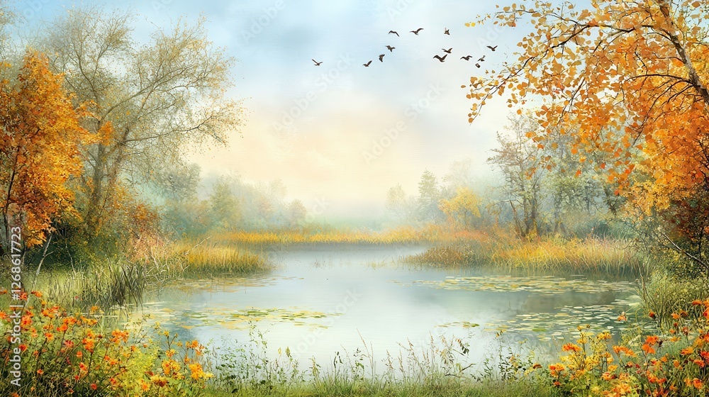 Obraz premium Serene Autumn Pond Landscape with Birds in Flight