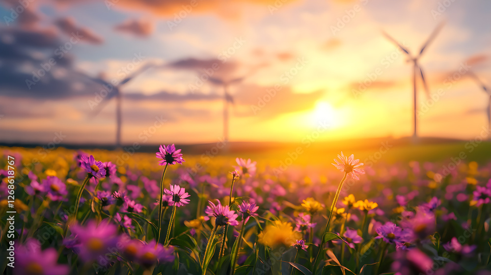 Obraz premium Vibrant Sunset Over Field of Flowers and Wind Turbines