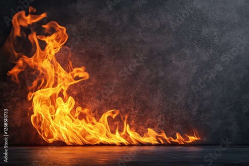Vibrant orange flames lick up a dark textured wall surface
