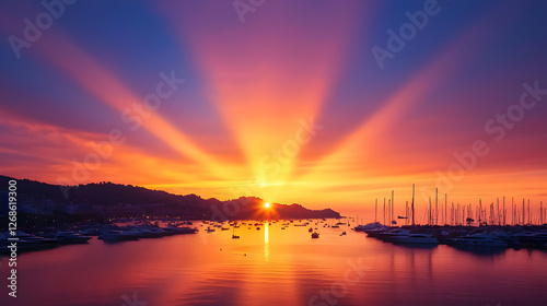 Vibrant Sunset over Harbor with Boats