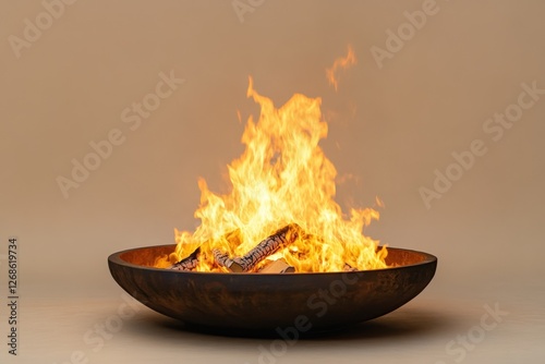 Flaming logs burn brightly in a rustic bowl centerpiece