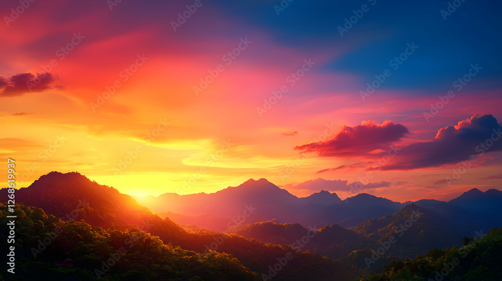 Fototapeta premium Vibrant Sunset Over Lush Green Mountains