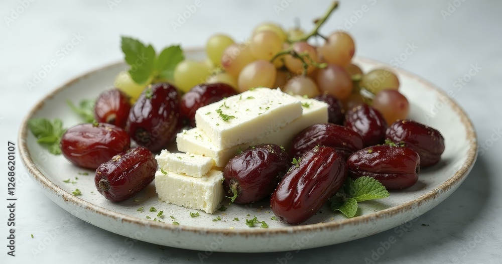 Fresh Dates, Grapes, and Feta Cheese on Light Ceramic Platter Fresh Dates, Grapes, and Feta Cheese on Light Ceramic Platter