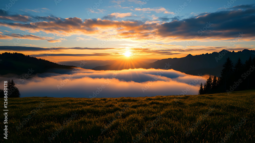 Obraz premium Vibrant Sunset Over Misty Mountain Valley