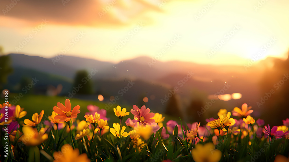Fototapeta premium Vibrant Sunset Over Mountain Landscape with Blooming Flowers