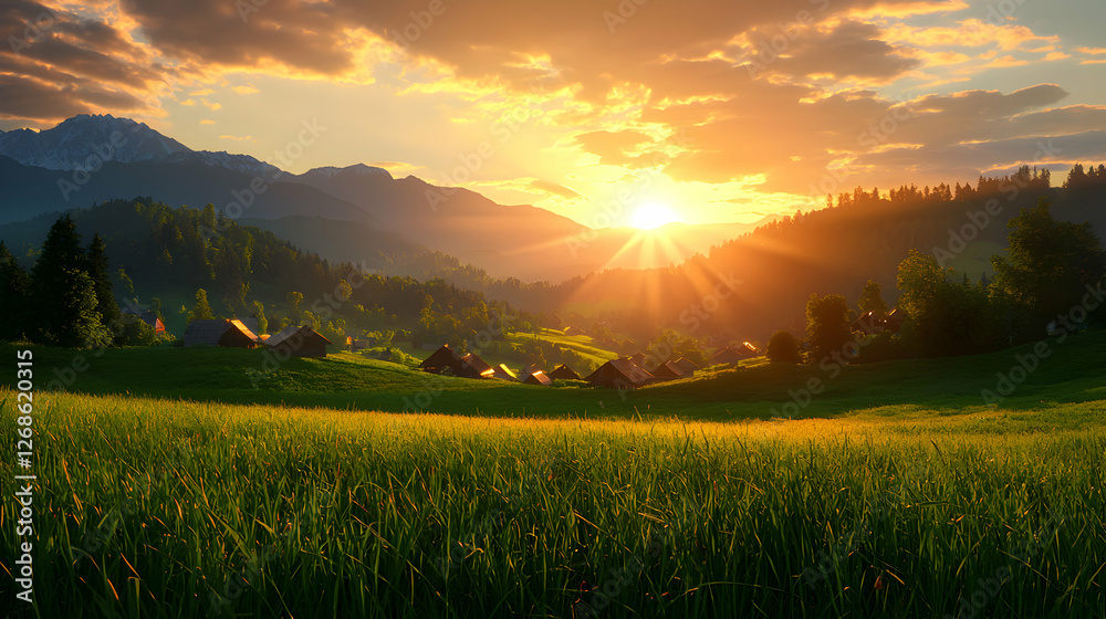 Naklejka premium Vibrant Sunset over Mountain Village and Lush Green Field