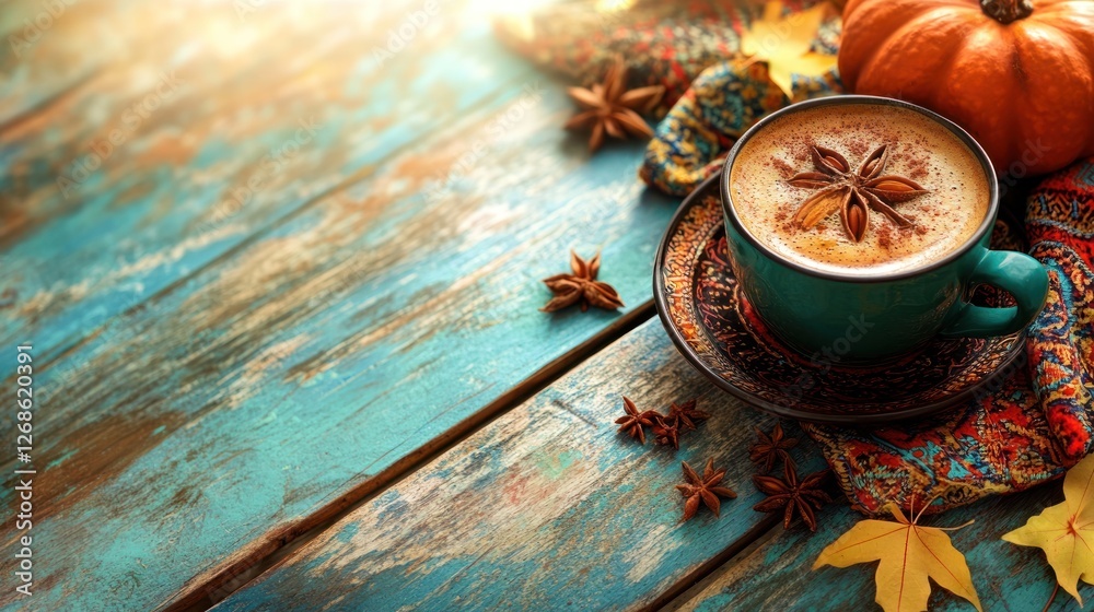 Autumnal beverage scene spiced latte in teal cup, pumpkin, fall leaves, and star anise on rustic wooden table. Autumnal beverage scene spiced latte in teal cup, pumpkin, fall leaves, and star anise on rustic wooden table.