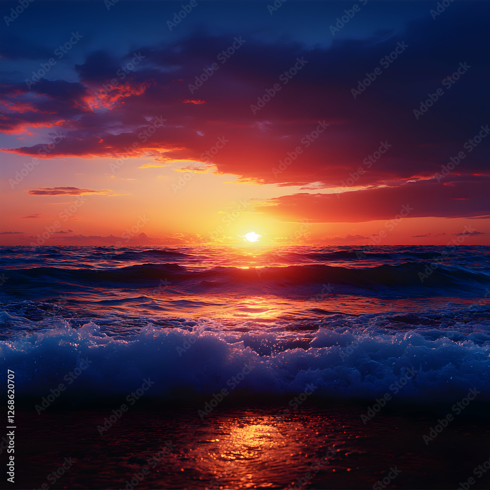 Fototapeta premium Vibrant Sunset Over Ocean Waves
