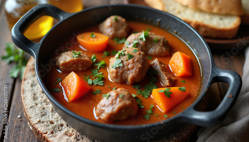 Cooked rabbit stew served in a pot with vegetables on a rustic wooden table setup photo