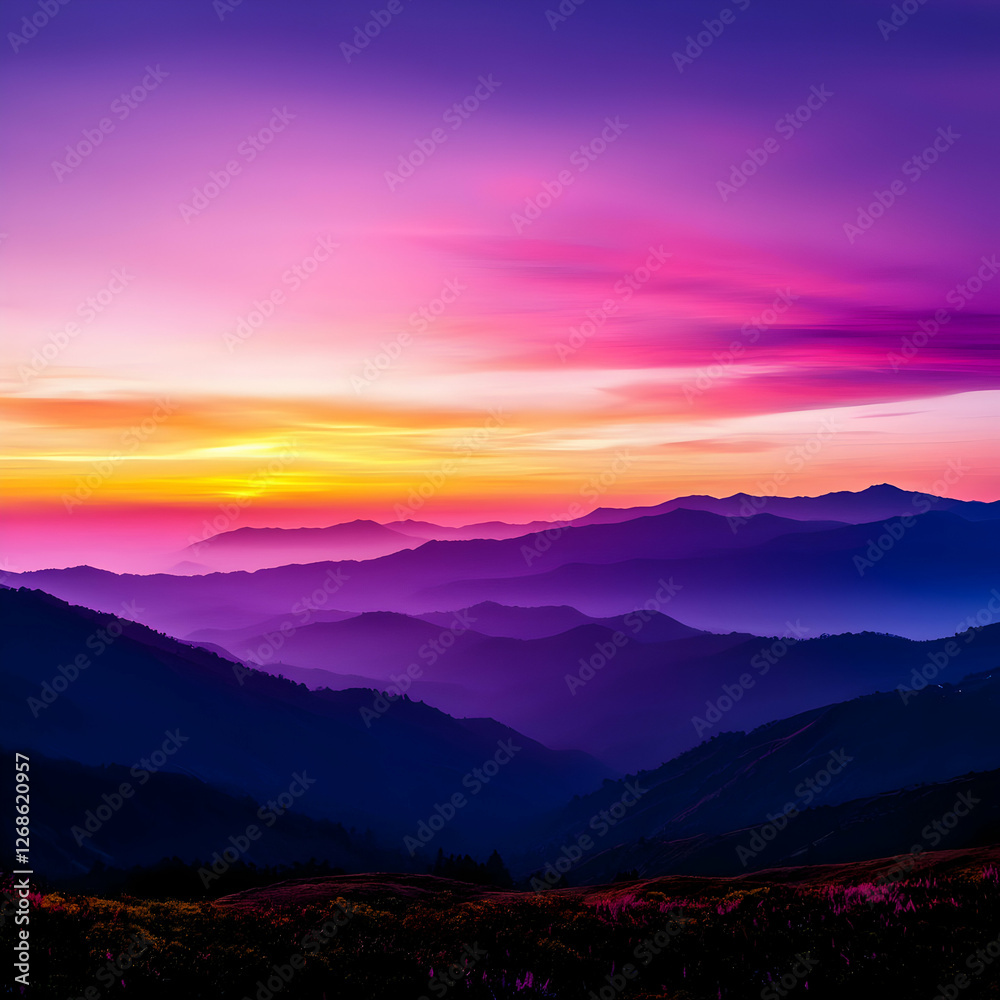 Fototapeta premium Vibrant Sunset Over Purple Mountains