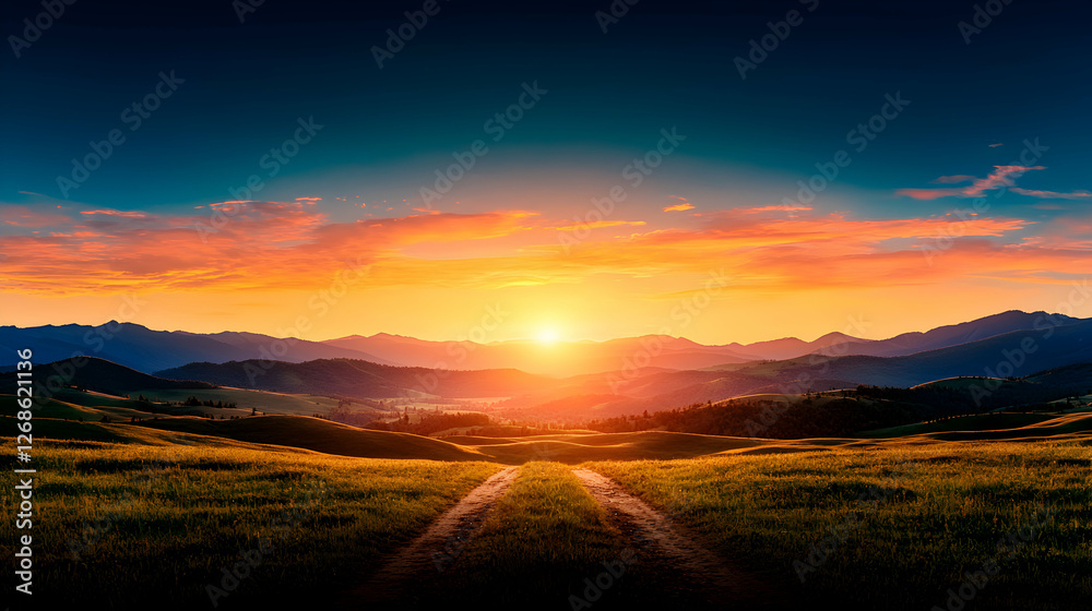 Obraz premium Vibrant Sunset Over Rolling Hills and Country Road