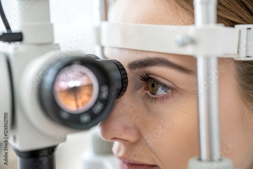A close-up of an eye being examined through an ophthalmoscope, showcasing the retina and interior structures.