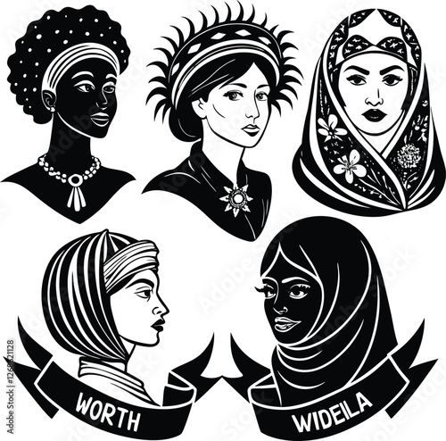 Women's Day celebration artwork with diverse female portraits in a bold black and white artistic composition