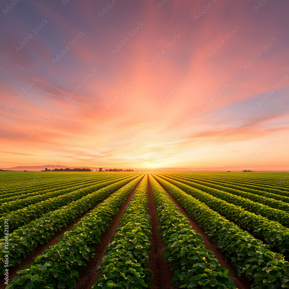 Vibrant Sunset Over Rows of Green Crops in a Vast Field