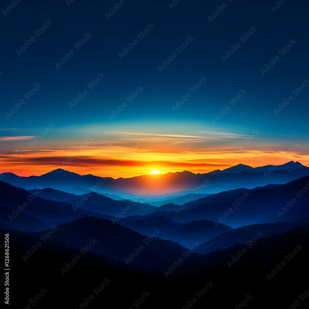 Fototapeta premium Vibrant Sunset Over Silhouetted Mountain Ranges