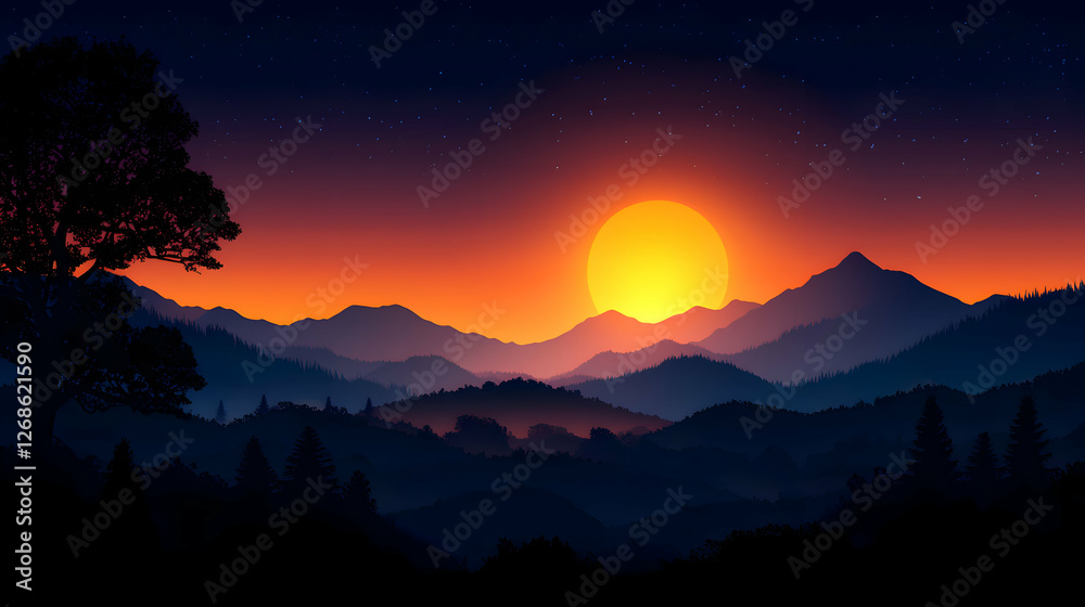 Fototapeta premium Vibrant Sunset Over Silhouetted Mountains