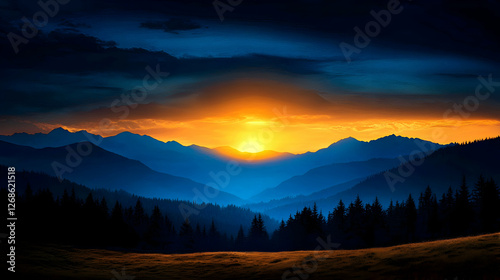 Vibrant Sunset Over Silhouetted Mountain Range