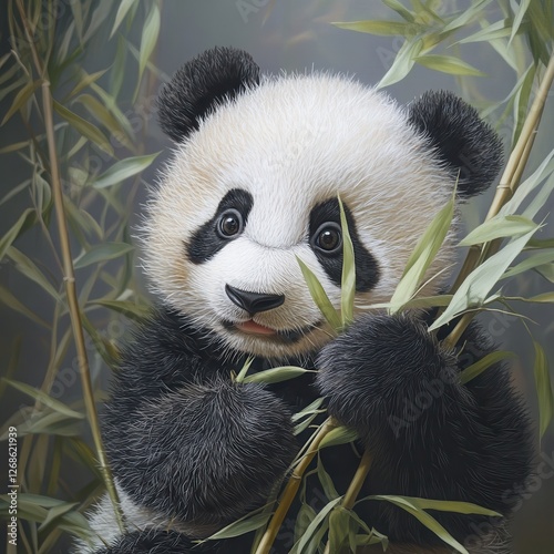 Close-up view of a playful baby panda enjoying a bamboo shoot in a natural habitat photo