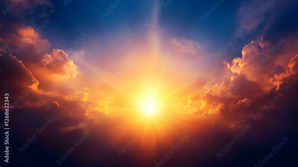 Fototapeta premium Vibrant Sunset Sky with Colorful Clouds and Bright Sun Rays