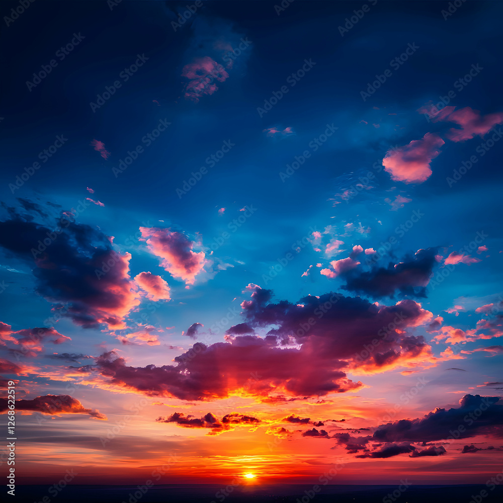 Naklejka premium Vibrant Sunset Sky with Red Orange and Blue Clouds