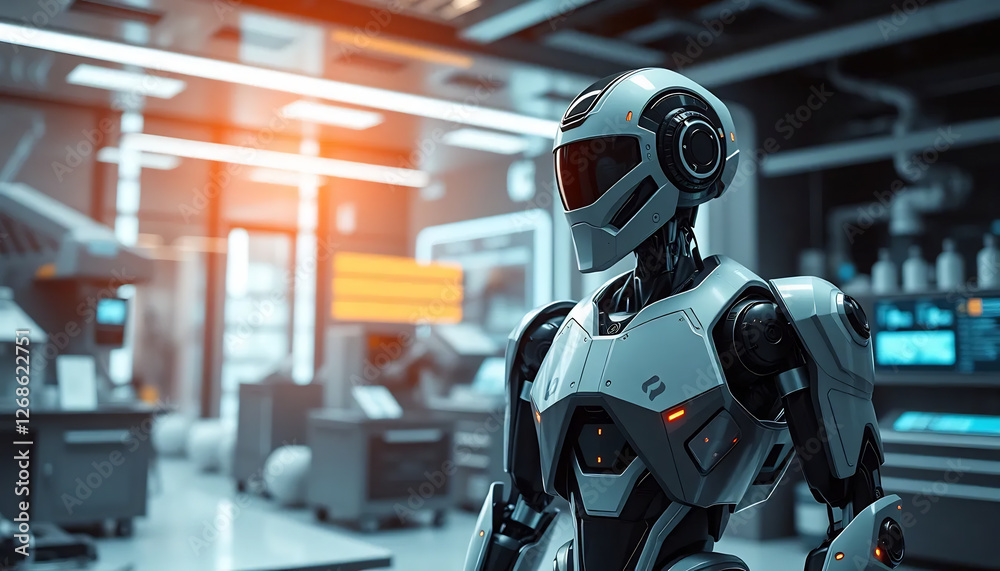 A Futuristic Robot Standing in a High-Tech Laboratory A Futuristic Robot Standing in a High-Tech Laboratory