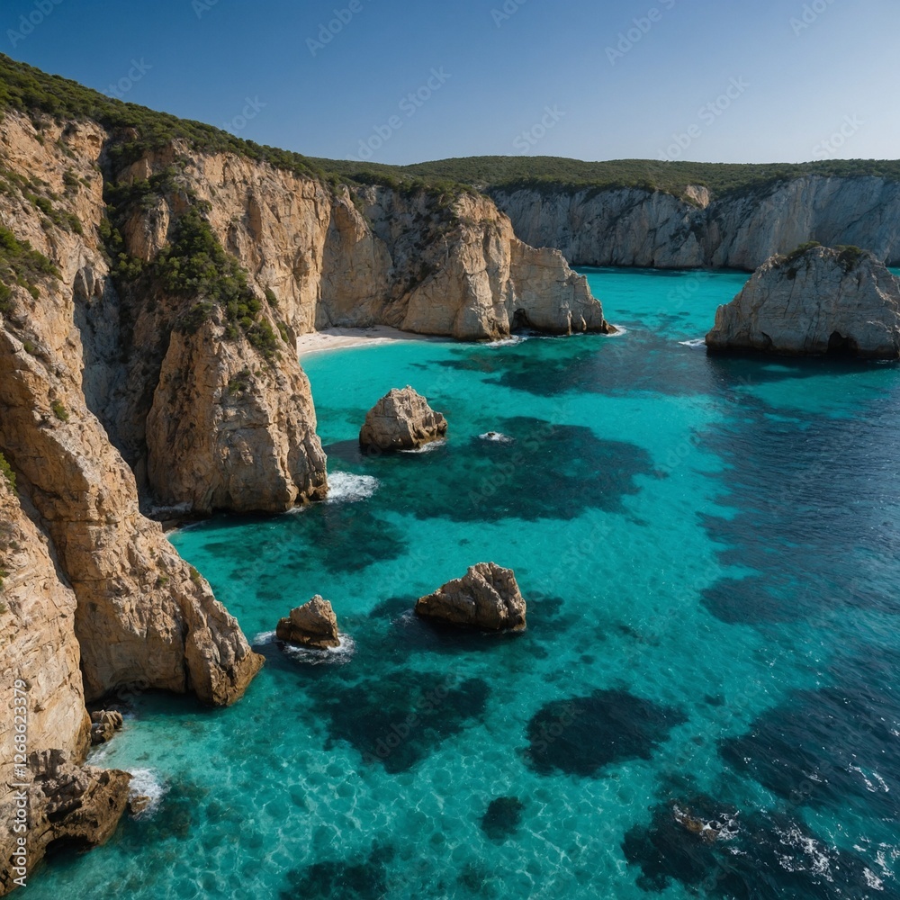 Fototapeta premium A secluded cove with dramatic cliffs and aquamarine waters.