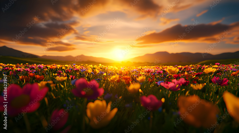 Fototapeta premium Vibrant Wildflower Field at Sunset