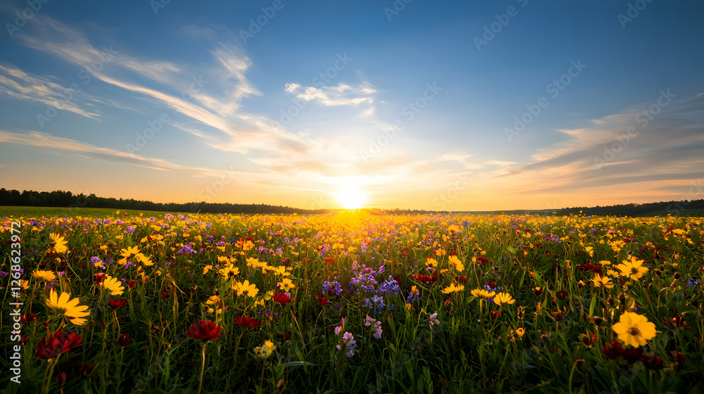 Fototapeta premium Vibrant Wildflower Meadow at Sunset