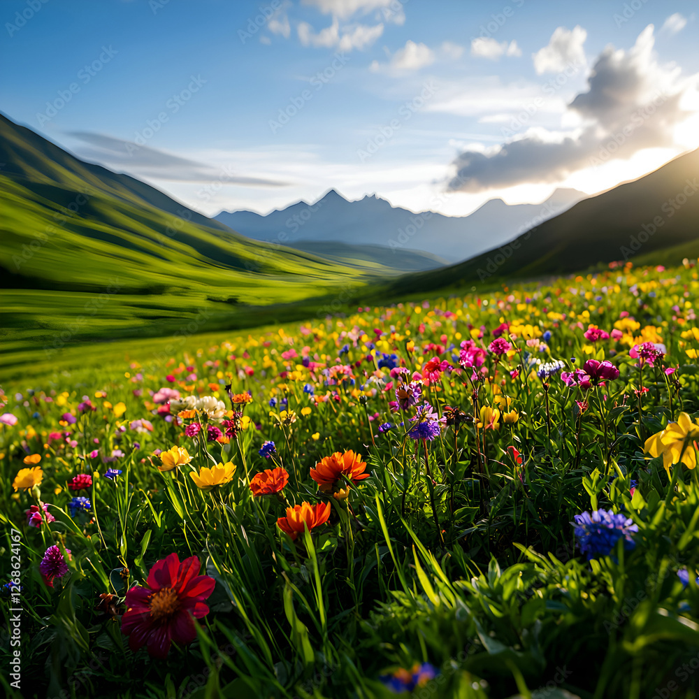 Fototapeta premium Vibrant Wildflower Meadow in Mountain Valley at Sunset