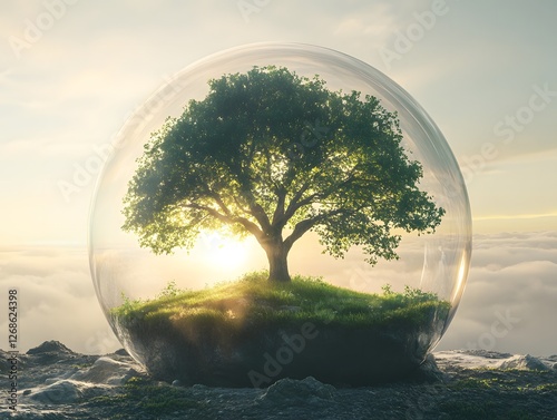 Tree Inside Glass Sphere Surrounded by Misty Landscape