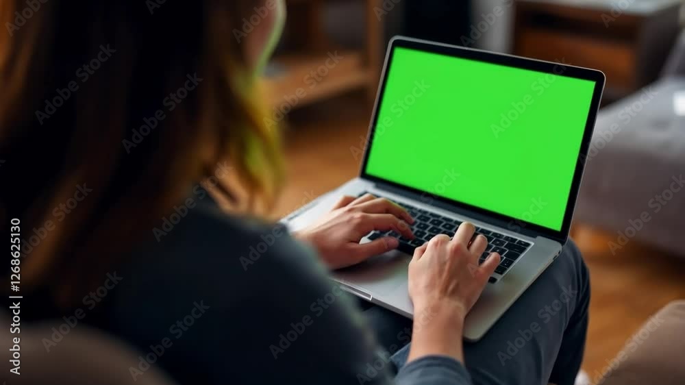A person sits relaxed, typing on a laptop computer with a vibrant green screen display.