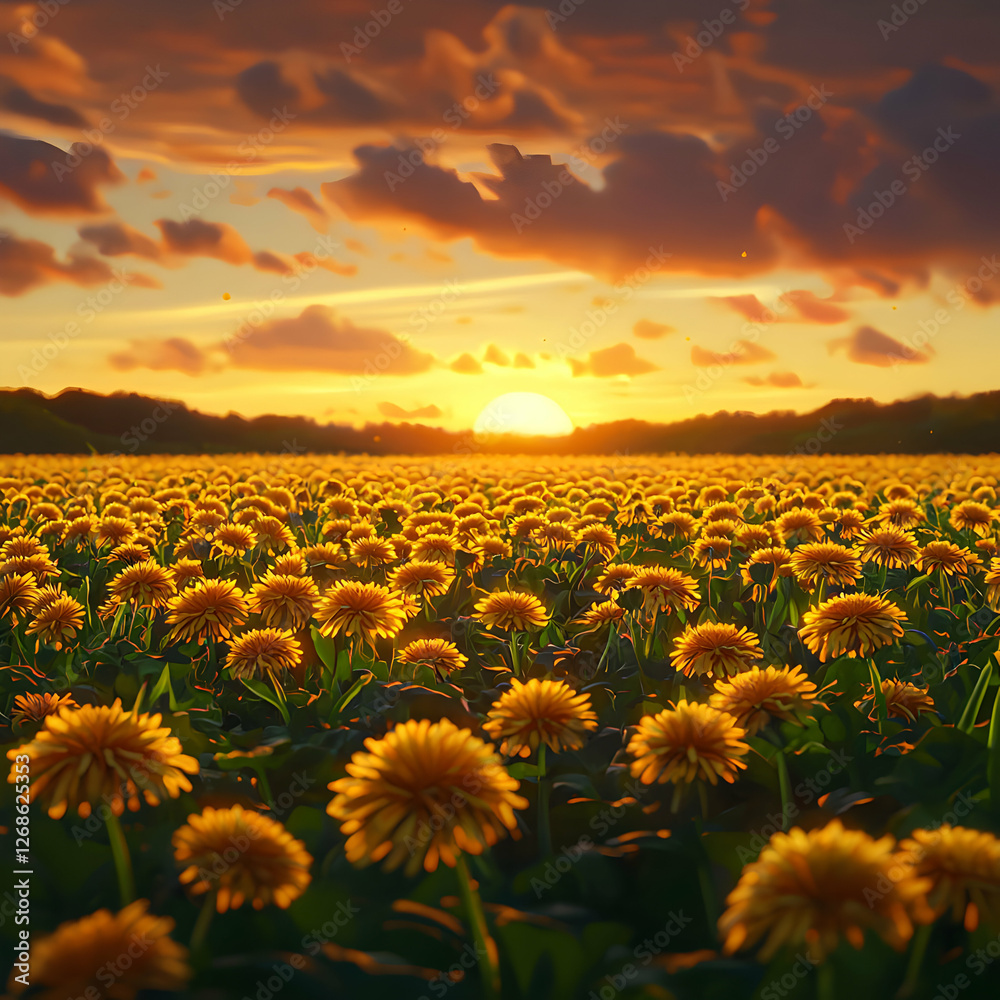 Fototapeta premium Vibrant Yellow Dandelion Field at Sunset