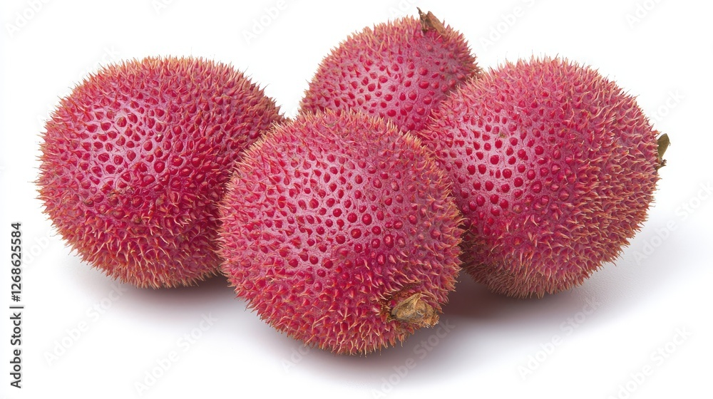 Red spiky fruits on white background, healthy food Red spiky fruits on white background, healthy food
