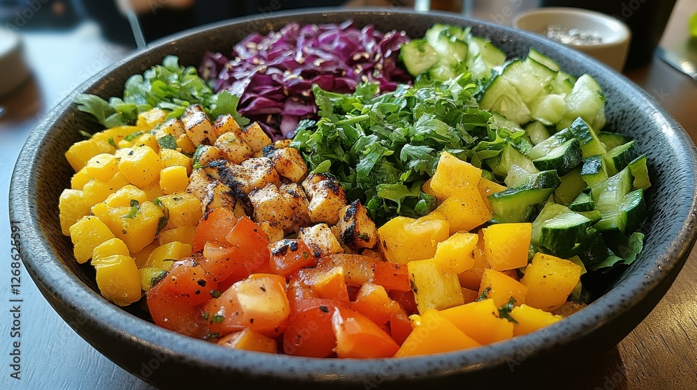 Fresh and Colorful Vegetable Salad with Mango, Cilantro, and Purple Cabbage in a Stylish Bowl Fresh and Colorful Vegetable Salad with Mango, Cilantro, and Purple Cabbage in a Stylish Bowl