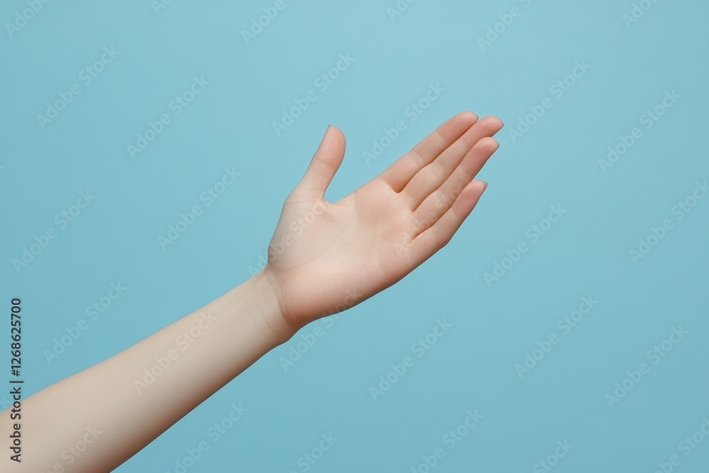 Hand and arm extending outwards against a blue background Hand and arm extending outwards against a blue background