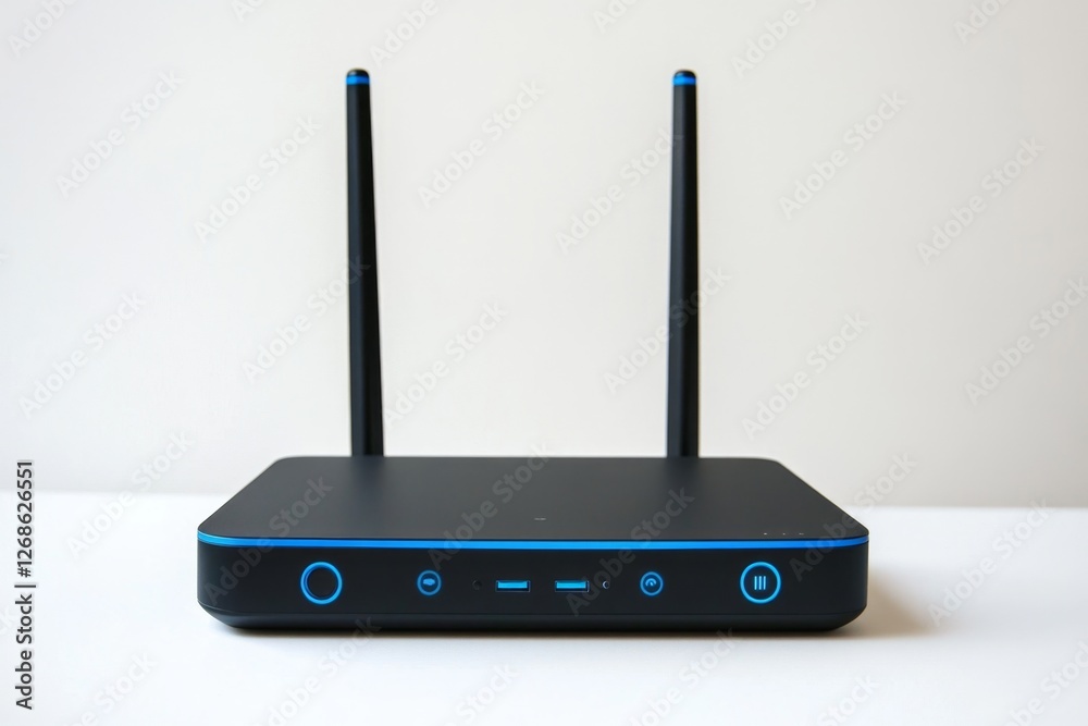 Black Wi-Fi router, internet connection, home office, clean background, technology Black Wi-Fi router, internet connection, home office, clean background, technology